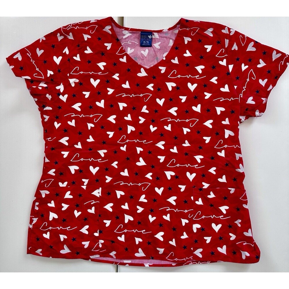Zoe + Chloe Scrub Top XL Red White Navy Hearts Love Print V Neck Nurse
